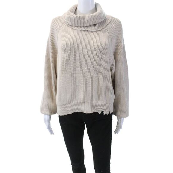 Pistola Sweaters - Pistola Womens Long Sleeve Distressed Trim Cowl Neck Sweater Beige Size Small